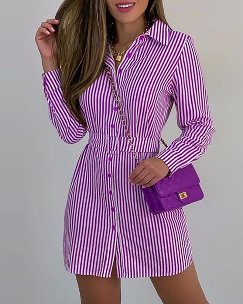 

Striped Print Button Front Long Sleeve Shirt Dress, Purple