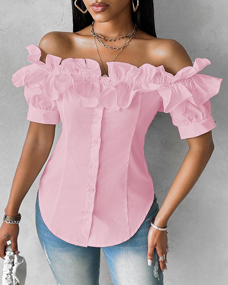 

Off Shoulder Layered Ruffles Button-down Asymmetrical Hem Top, Pink