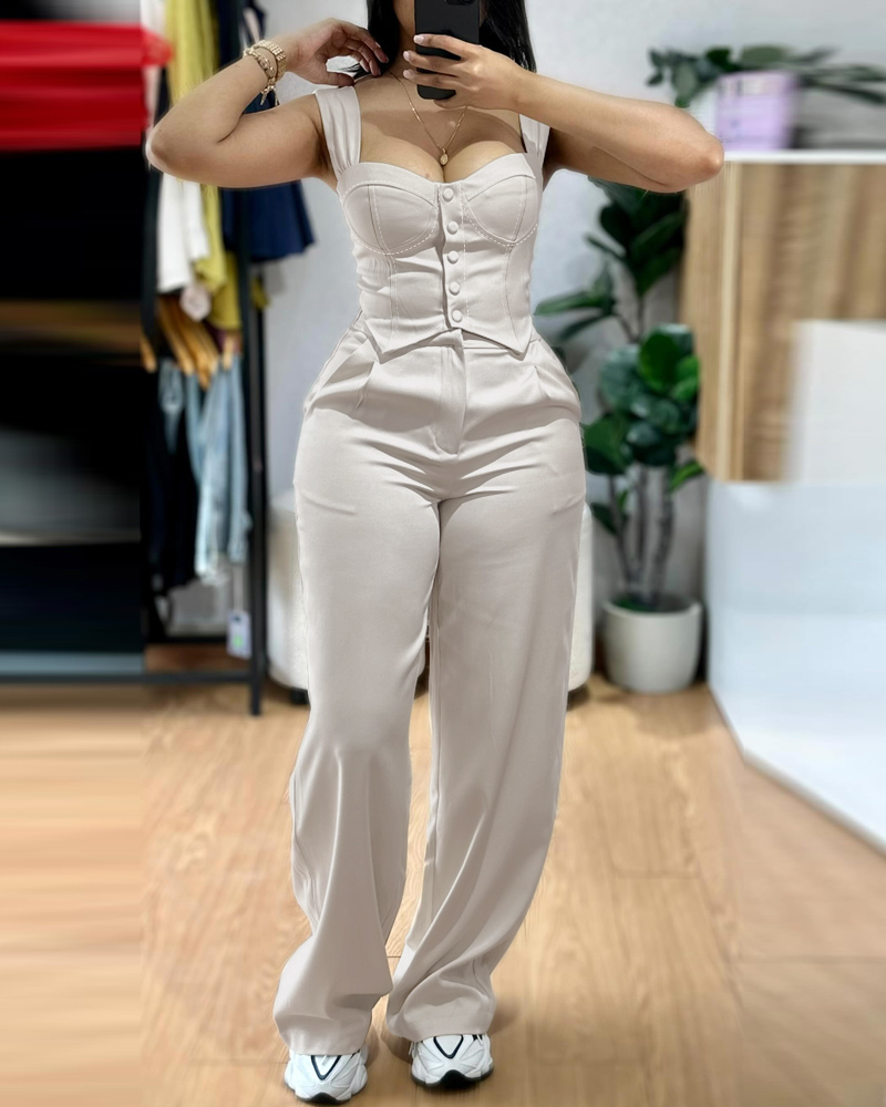 

Ensemble 2 pièces à bretelles épaisses et boutons sur le devant, débardeur slim, taille haute, pantalon large, tenue décontractée, Apricot