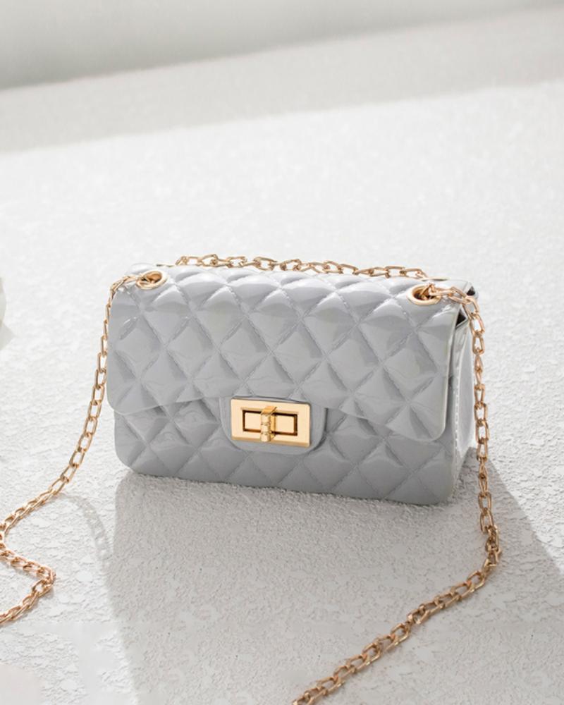 

Quilted Twist Lock Chain Strap Flap Shoulder Bag, Gray