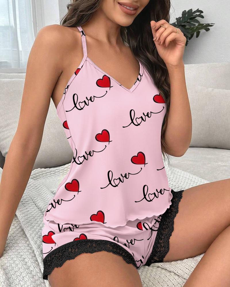 

Love Heart Print Crochet Lace Cami Set, Pink