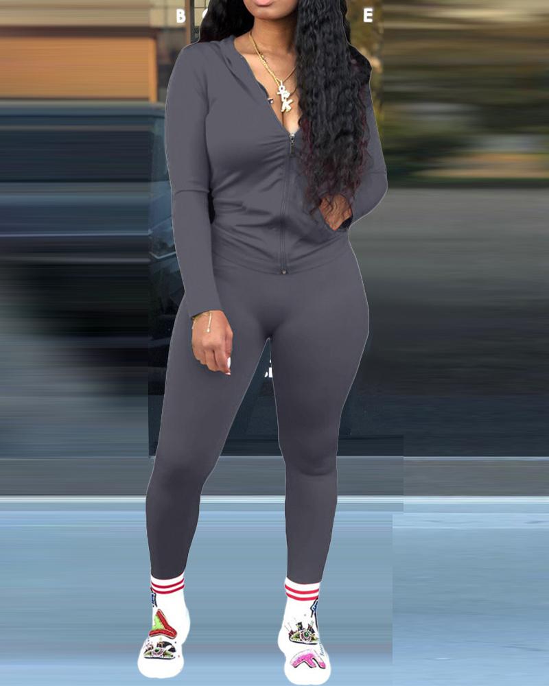 

Long Sleeve Zip Up Hooded Top & Pants Set, Gray