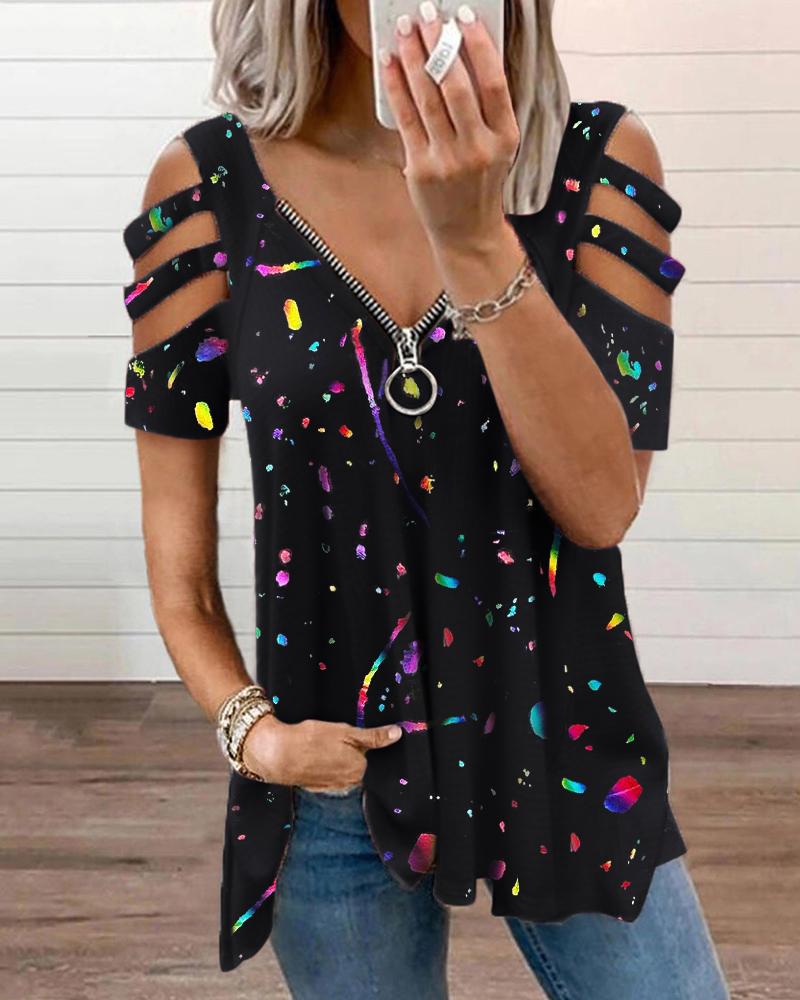 

V-neck Zipper Ink Splash Casual Blouse, Black