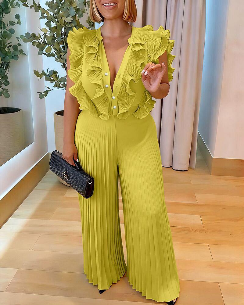 

Ruffles Spliced V-Neck Sleeveless Button Front Pleated Overalls Casual Zipper Back Wide Leg Jumpsuit, Green