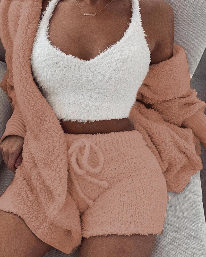 

Fluffy Hooded Open Front Teddy Coat & Short Sets, Light pink