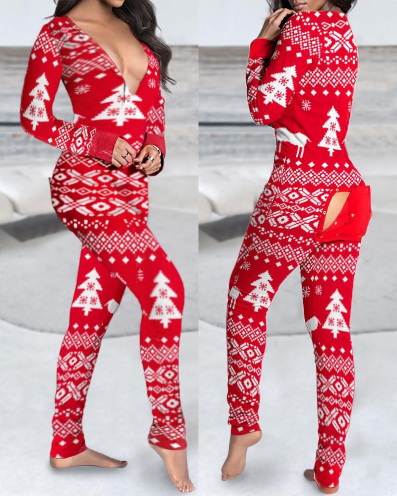 

Christmas Print V-Neck Jumpsuit Functional Buttoned Flap Adults Pajamas One Piece Overall, Red