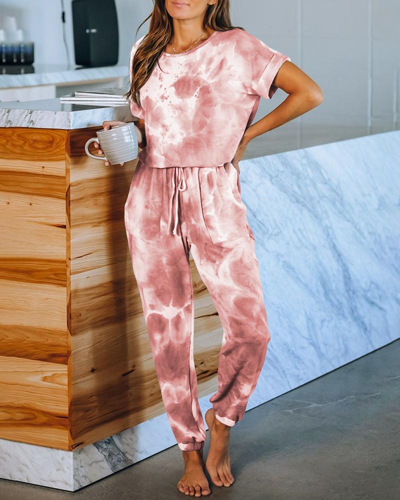 

Tie Dye Print Short Sleeve Women Top & Pants Set, Pink