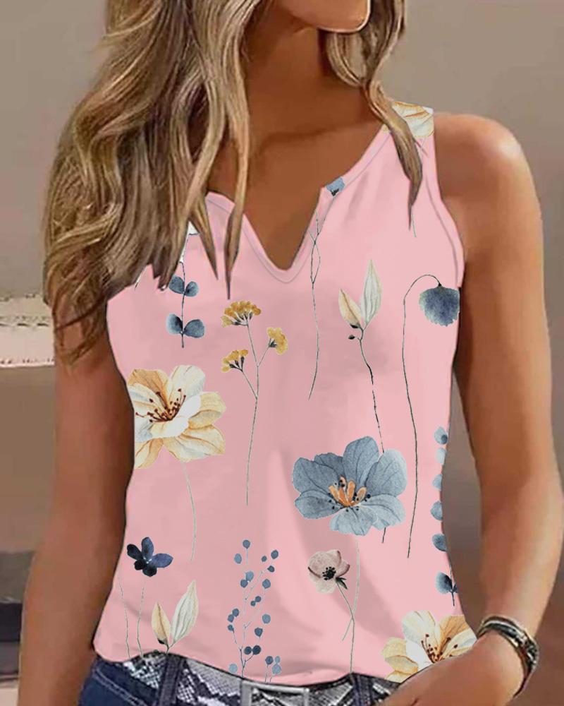 

Floral Print Notch Neck Casual Tank Top, Pink