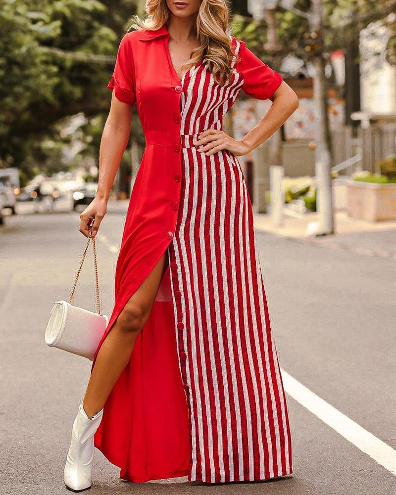 

Striped Colorblock Short Sleeve Buttoned Shirt Dress, Red