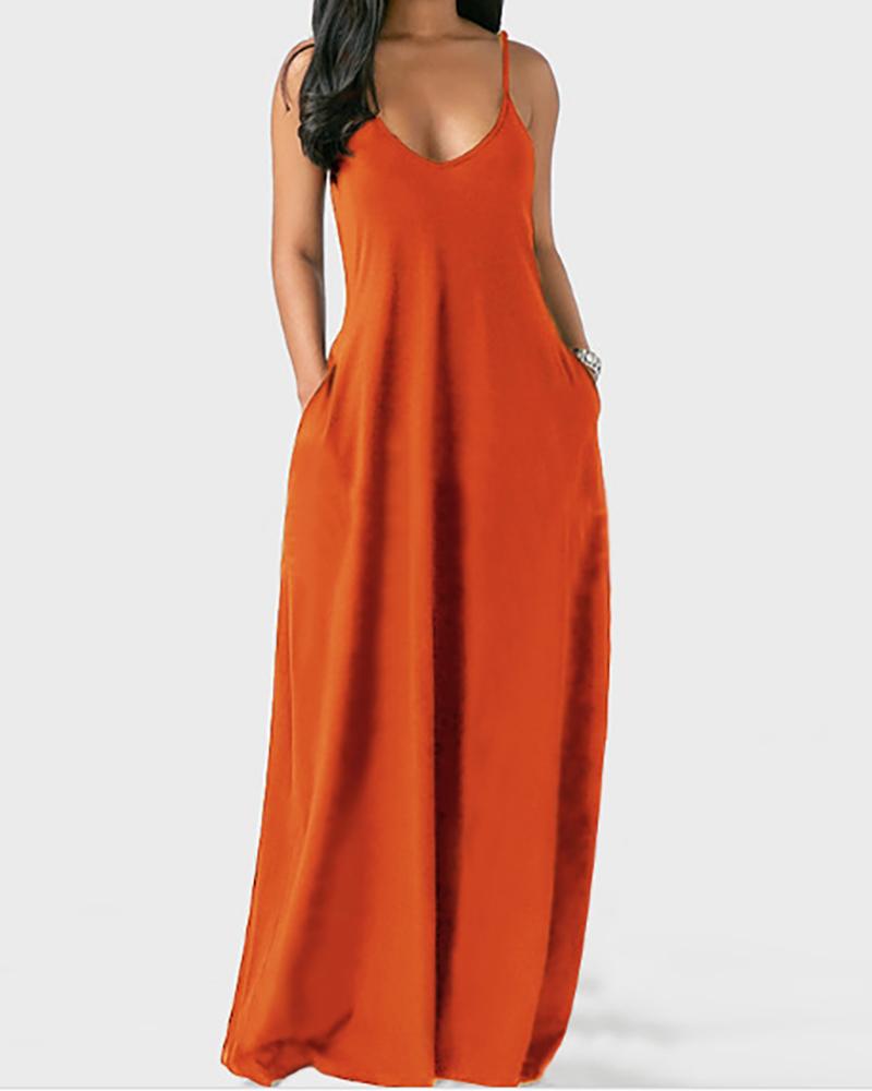 

Plus Size Pocket Design V-Neck Spaghetti Strap Maxi Dress, Orange
