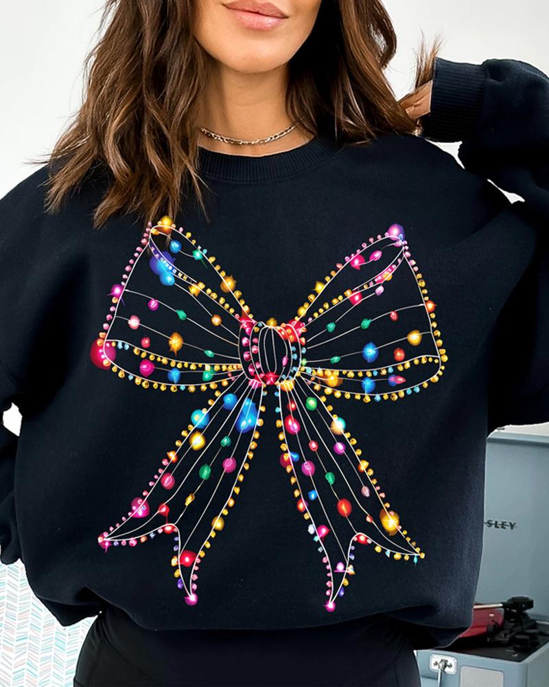 

Sweat-shirt ras du cou à imprimé nœud papillon coloré de Noël avec doublure en polaire, Black