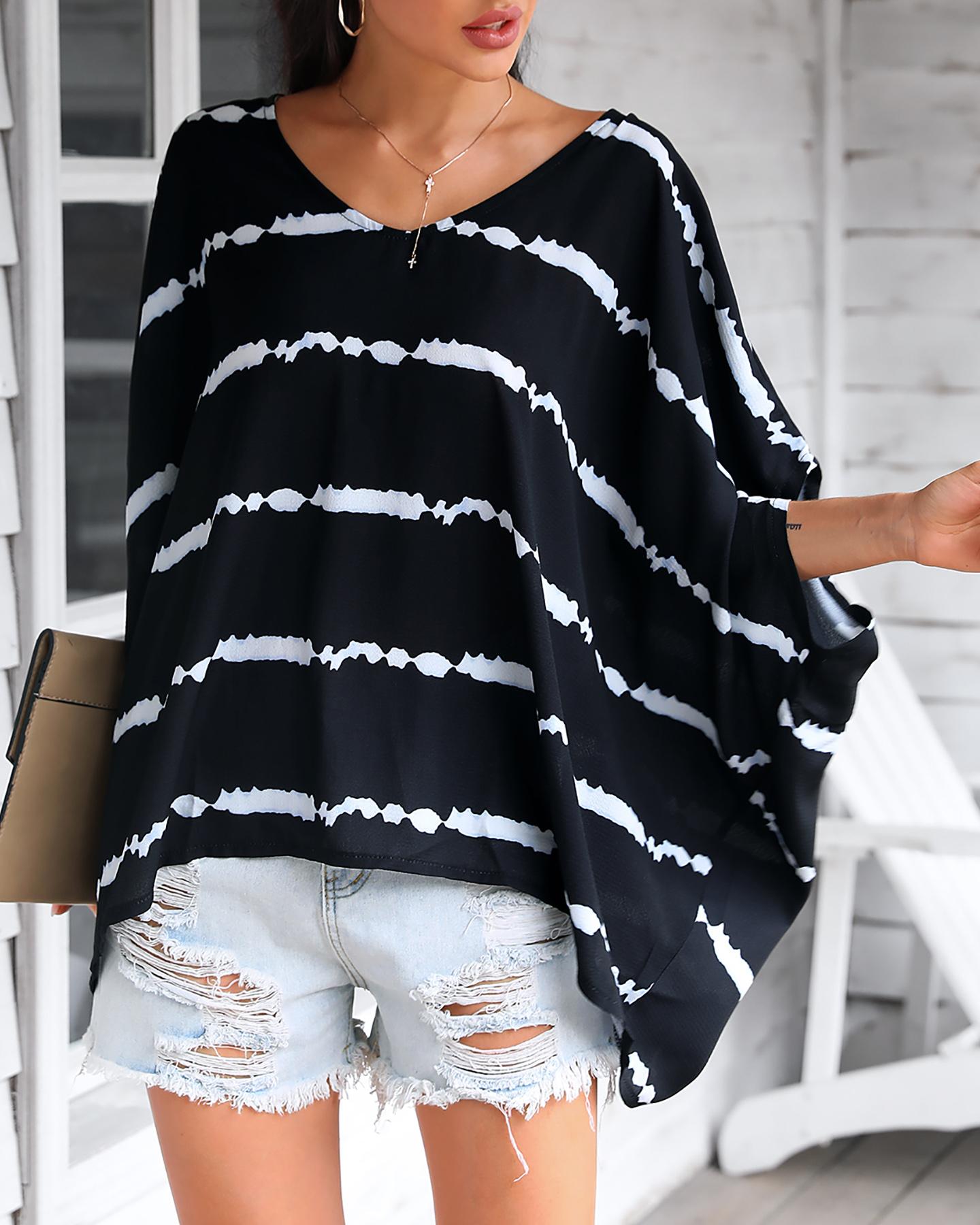 

Tie Dye Print Colorblock Batwing Sleeve Casual Blouse, Black