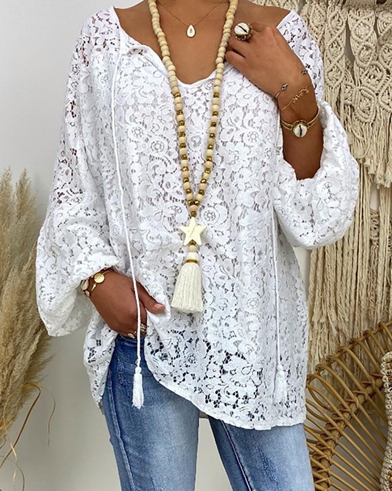 

Floral Pattern Lace Long Sleeve Casual Blouse, White