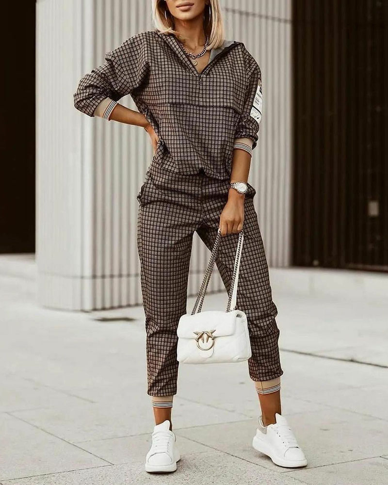 

Plaid Print Zipper Front Hooded Top & Pants Set, Coffee