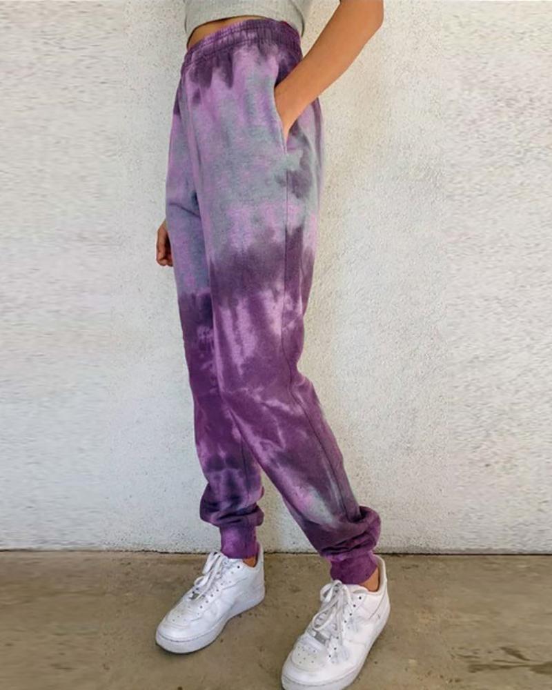 

Tie Dye Print Pocket Design Cuffed Sweatpants, Purple