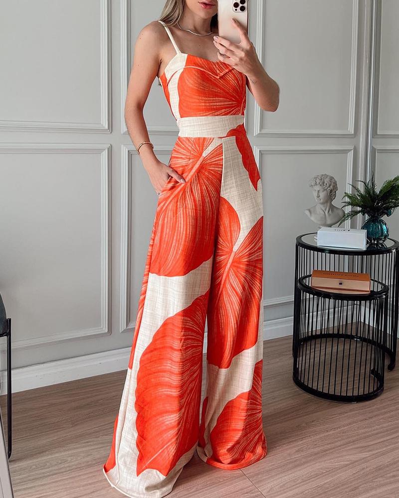 

Leaf Print Spaghetti Strap Wide Leg Jumpsuit, Beige