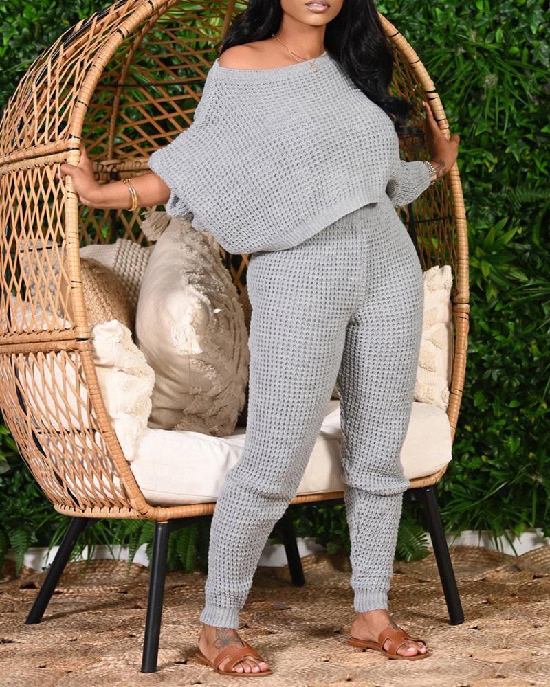 

Long Sleeve Round Neck Sweater & High Waist Pants Set, Gray