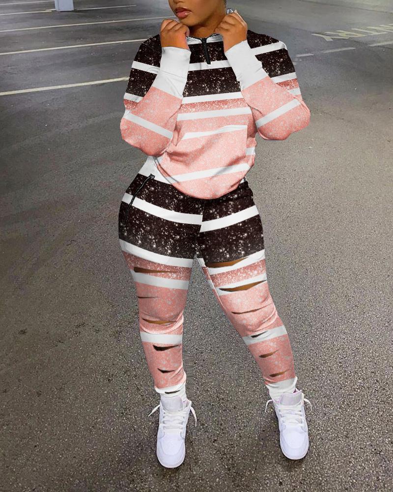 

Striped Glitter Print Top & Ladder Cutout Pants Set, Pink