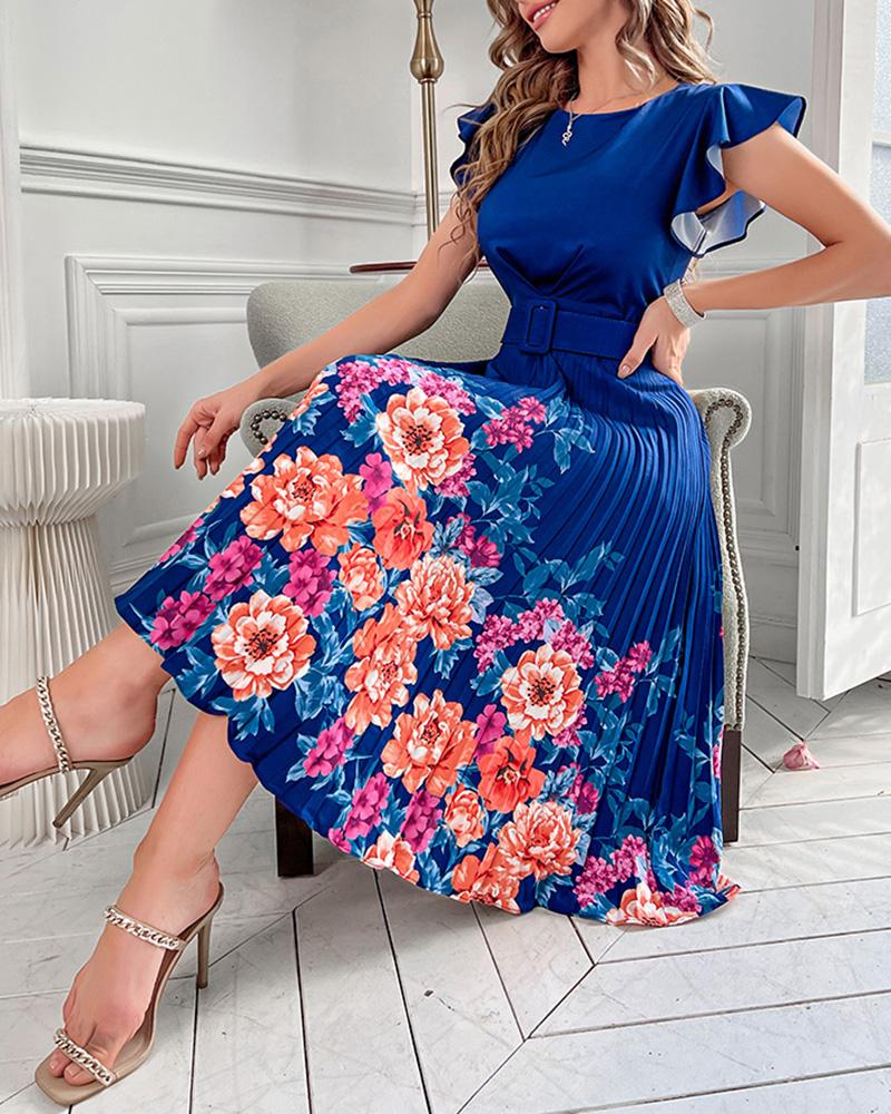 

Floral Print Flutter Sleeve Pleated Work Dress With Belt, Dark blue