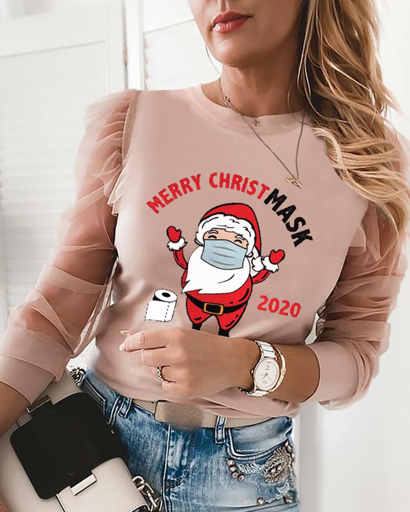 

Christmas Santa Letter Print Mesh Puffed Sleeve Top, Pink