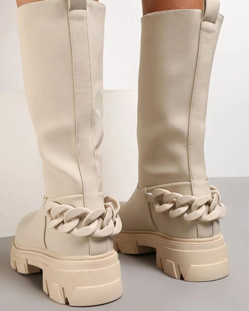 

Womens Back Chain Decor Patchwork Round Toe Lower Leg Length Boots, White