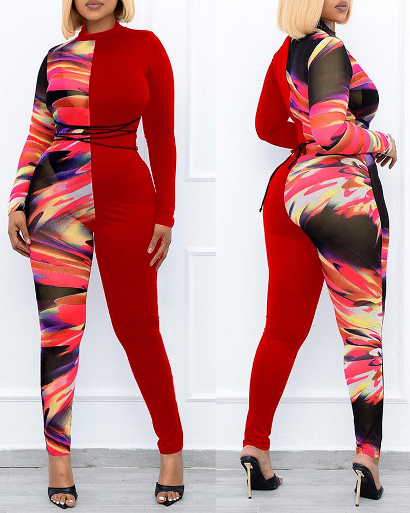 

Plus Size Abstract Print Tied Detail Long Sleeve Jumpsuit, Red