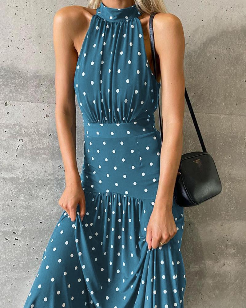 

Polka Dot Print O Neck Ruched Pencil Dress, Blue