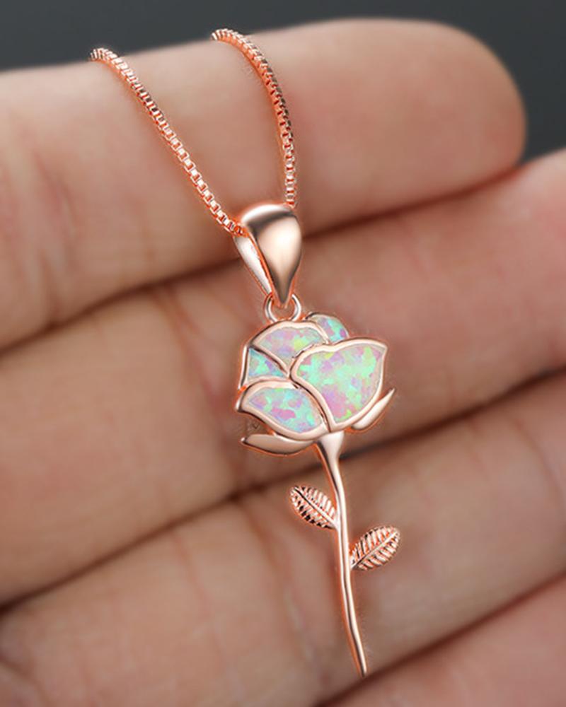 

1pc Gorgeous White Opal Rose Flower Pendant Necklace, Gold
