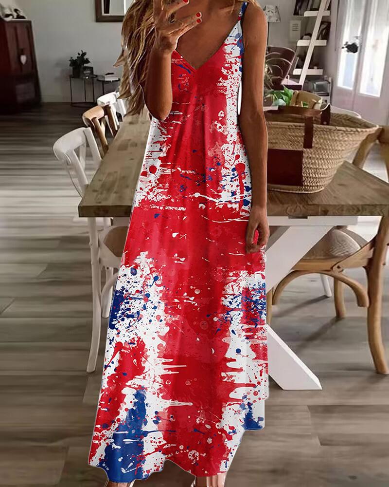 

Independence Day Flag Ink Splash Print Cami Maxi Dress, Red