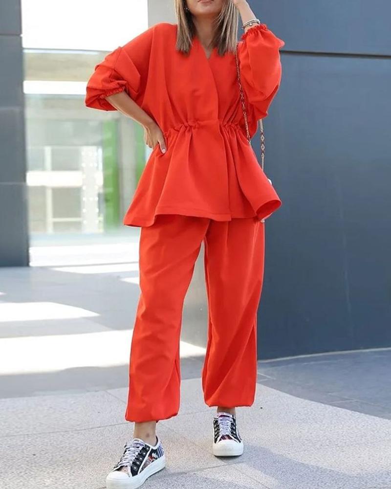 

Lantern Sleeve Drawstring Top & Cuffed Pants Set, Orange