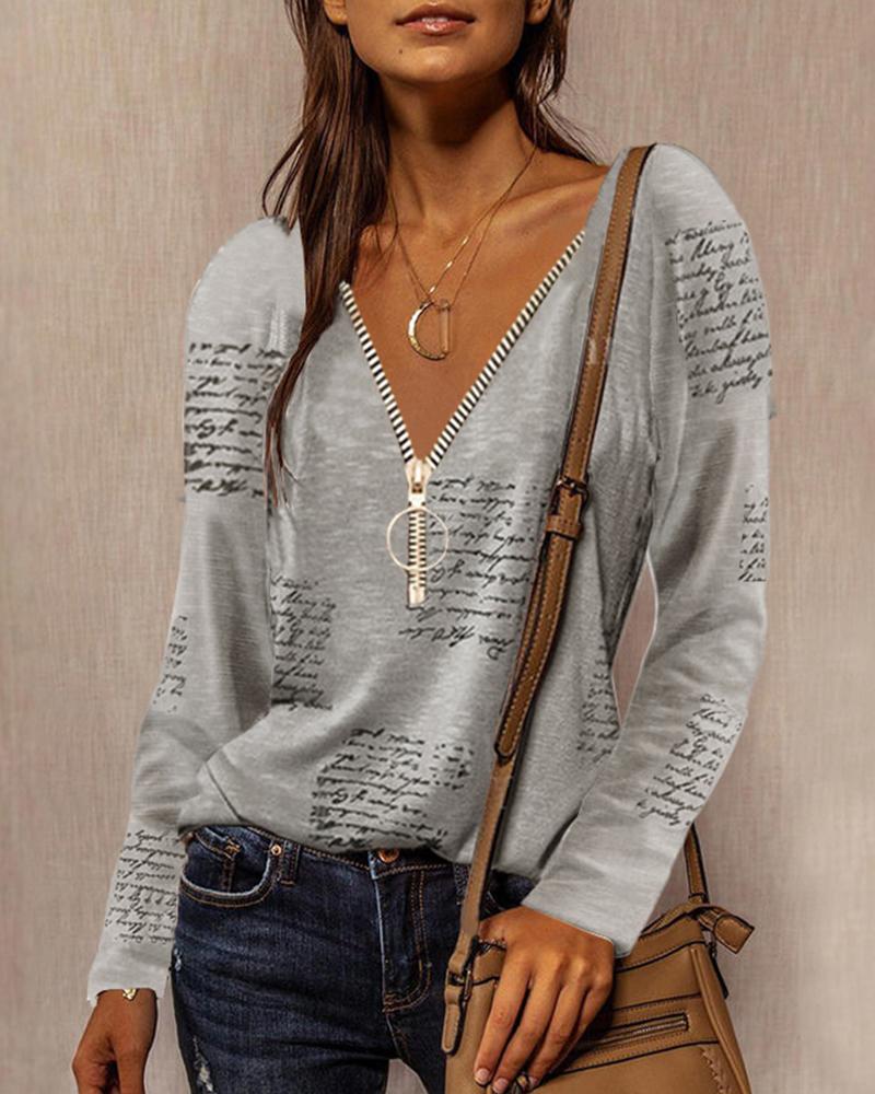 

Letter Print Zipper V-Neck Long Sleeve Top, Gray