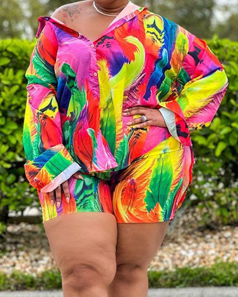 

Plus Size Leaf Print Button Down Shirt & Shorts Set, Multicolor