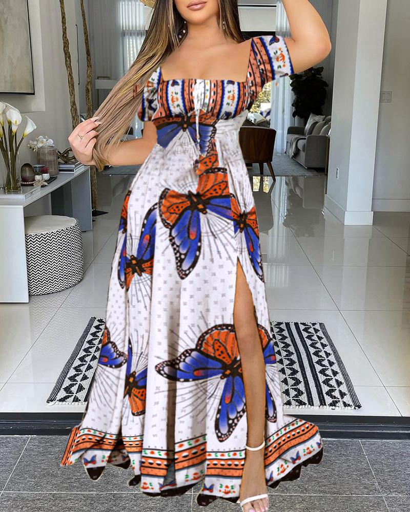 

Butterfly Print Half Sleeve Slit Maxi Dress, White