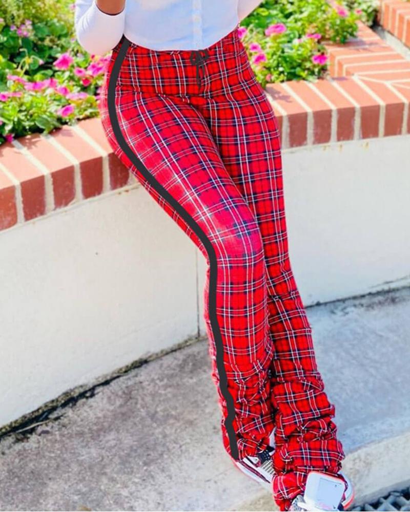 

Plaid Drawstring Waist Fold Pants, Red