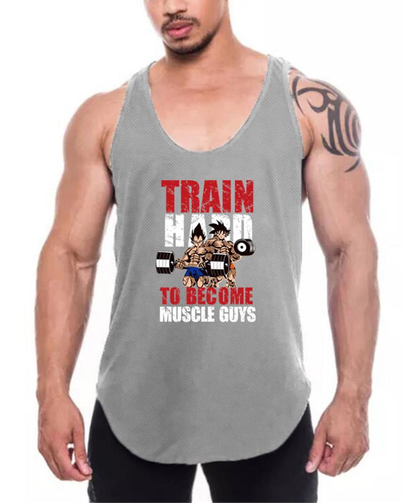 

Cartoon & Letter Print Sleeveless Sport Tank, Gray