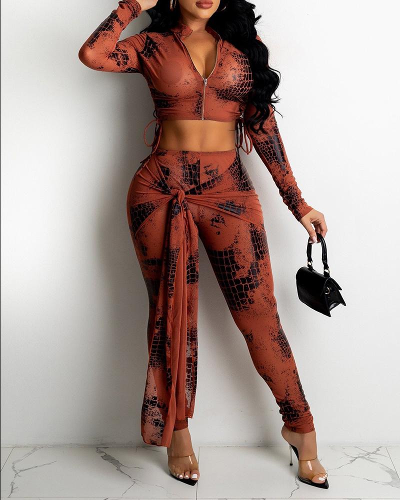 

Colorblock Long Sleeve Zipper Front Crop Top & Tied Detail Pants Set, Brown