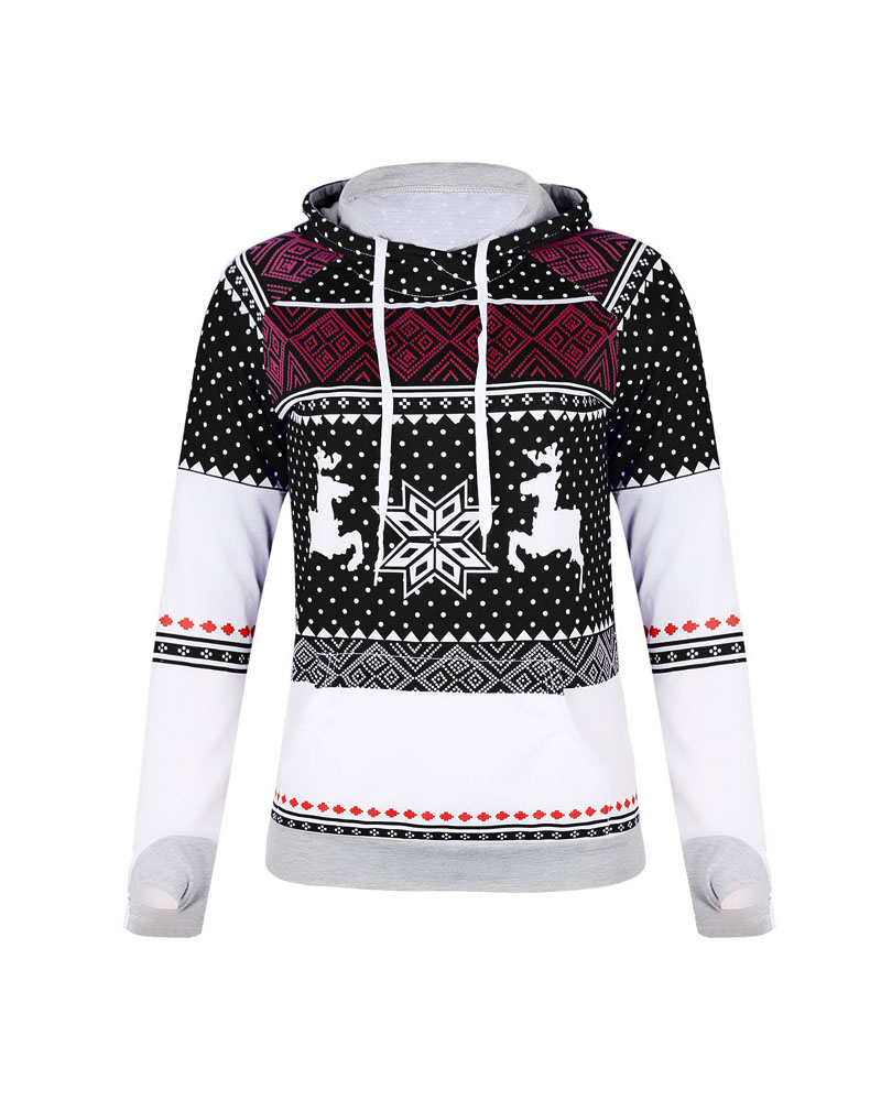 

Christmas Snowflake Elk Print Drawstring Hoodie, Black