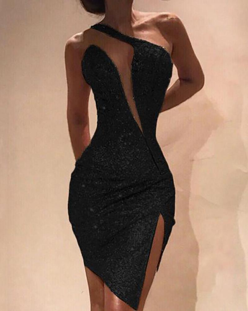 

One Shoulder Cut Out Slit Bodycon Sequin Dress, Black