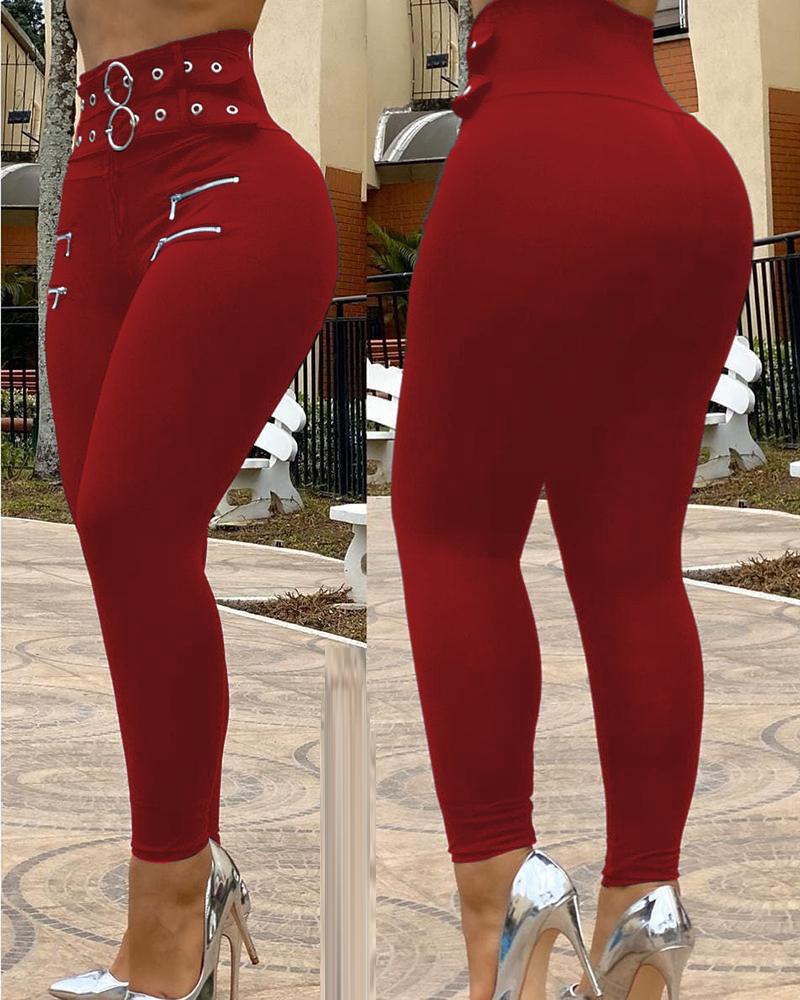 

Eyelet O Ring Zipper Design High Waist Pants, Red