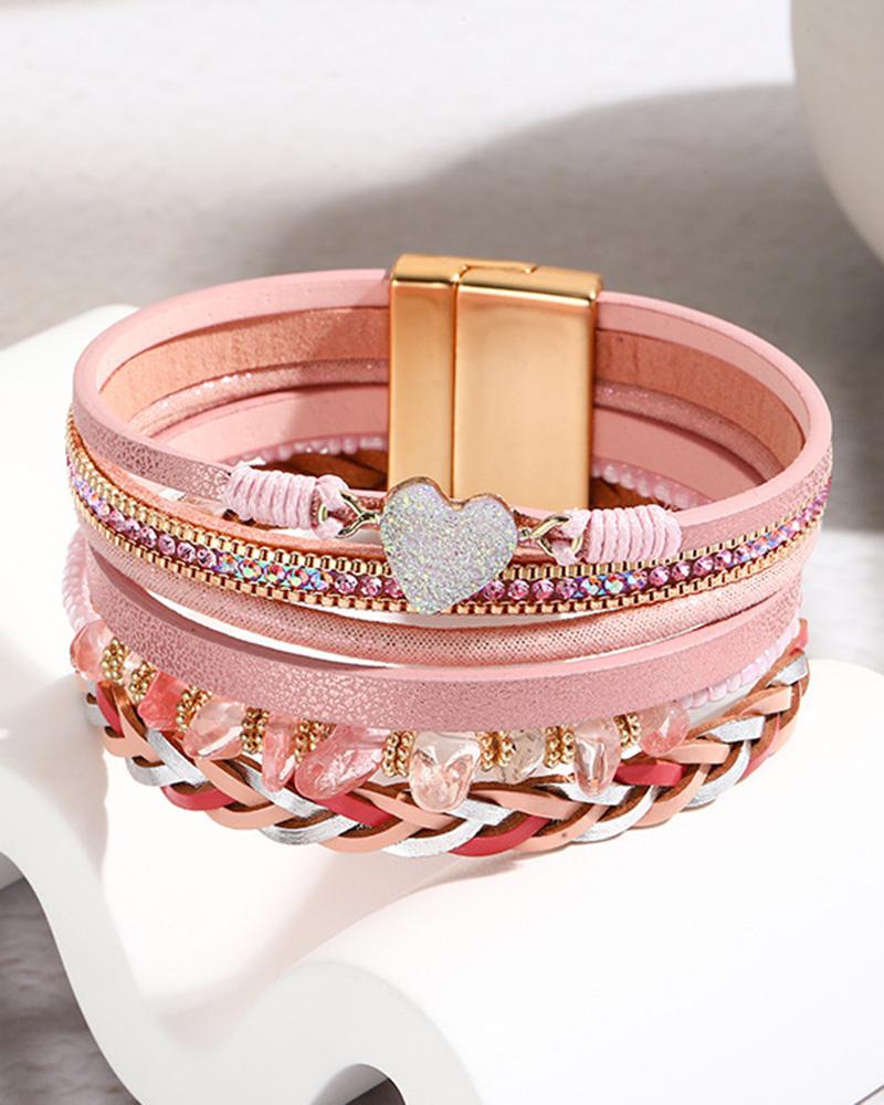 

1pc Heart Pattern Asymmetrical Stone Beaded Multi Layered Braided Magnetic Bracelet, Pink