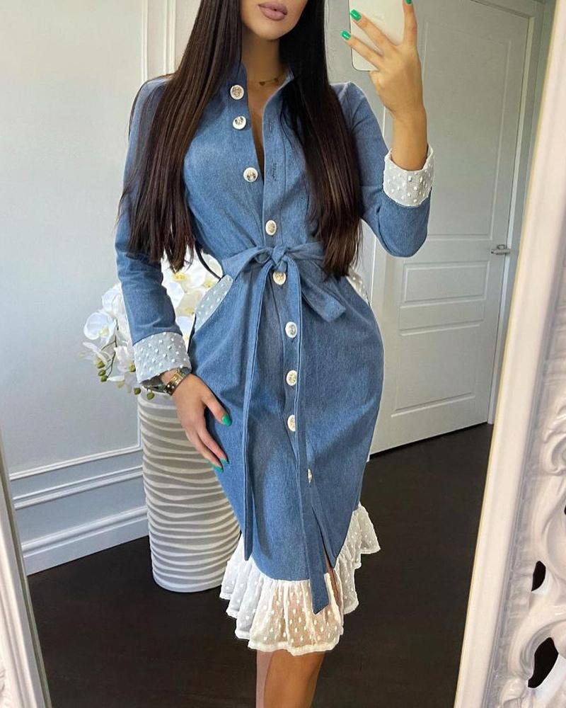 

Swiss Dot Mesh Patch Button Design Shirt Dress, Blue