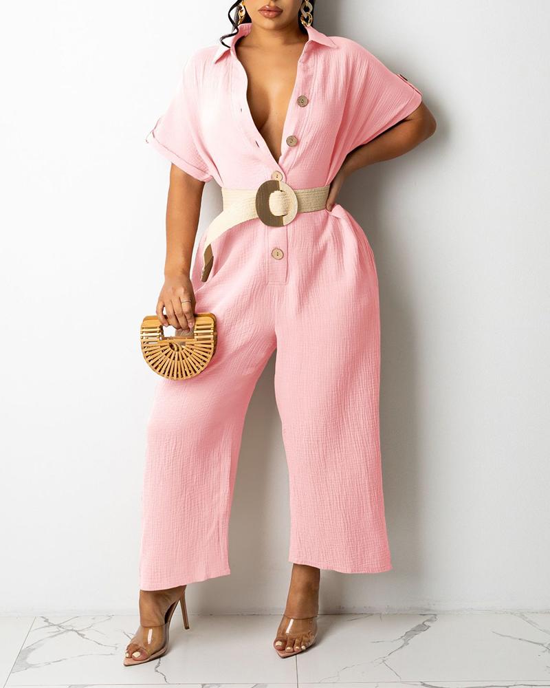 

Solid Button Front Roll Hem Cropped Jumpsuit, Pink