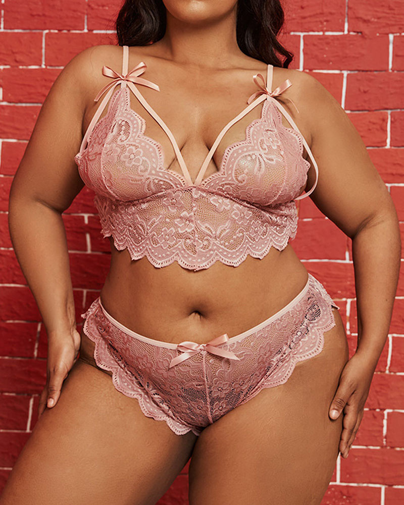 

Plus Size Bowknot Decor Scallop Trim Lingerie Set, Pink