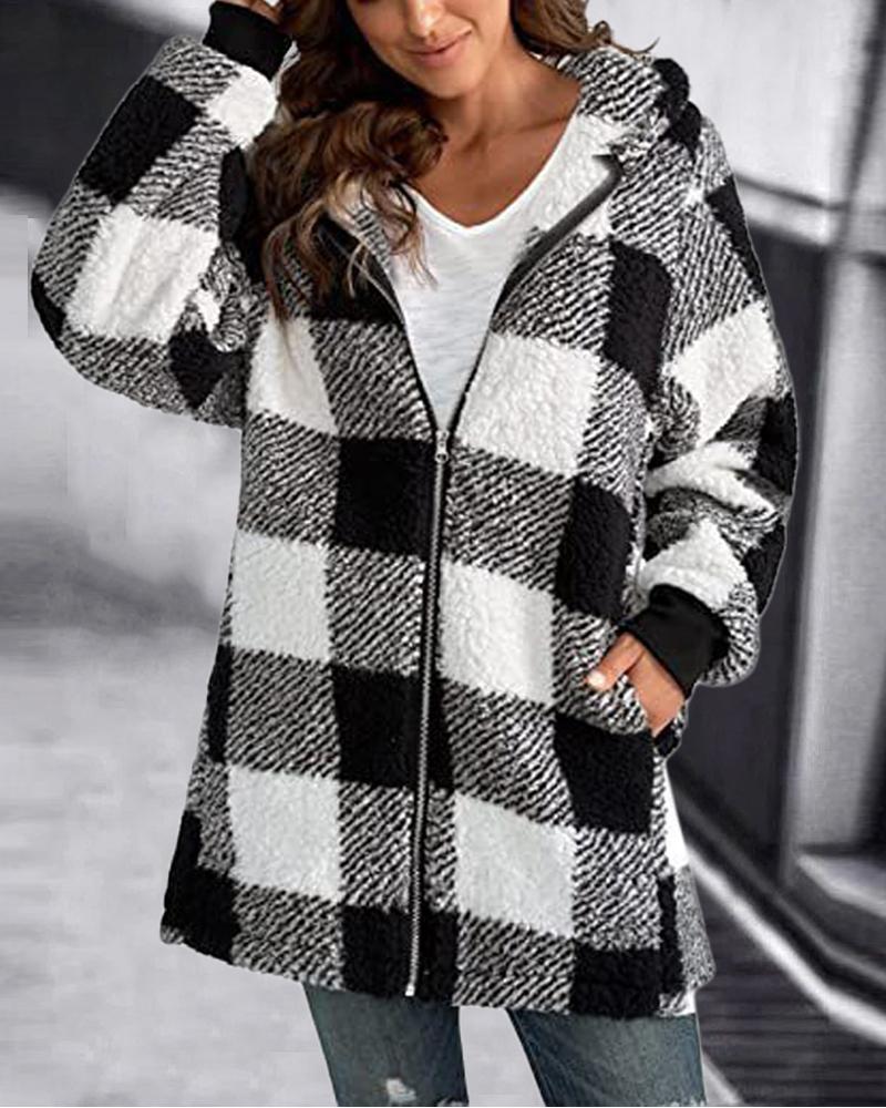 

Plaid Print Long Sleeve Zip Up Teddy Coat, Black