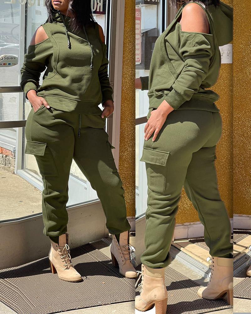 

Cold Shoulder Sweatshirt & High Waist Pants Set, Green