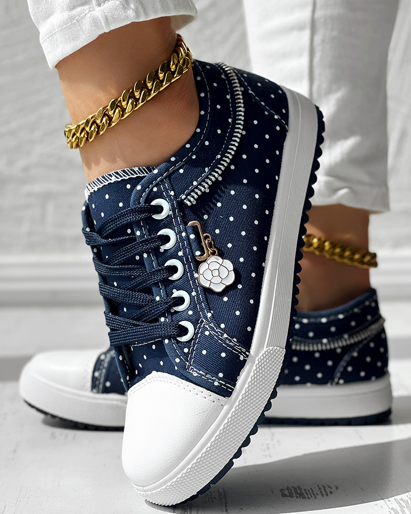 

Polka Dot Print Lace-up Round Toe Sneakers, Purplish blue