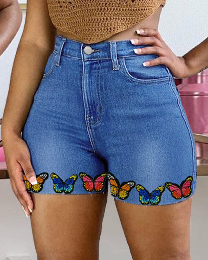 

Butterfly Embroidery Zipper Fly Denim Shorts, Blue