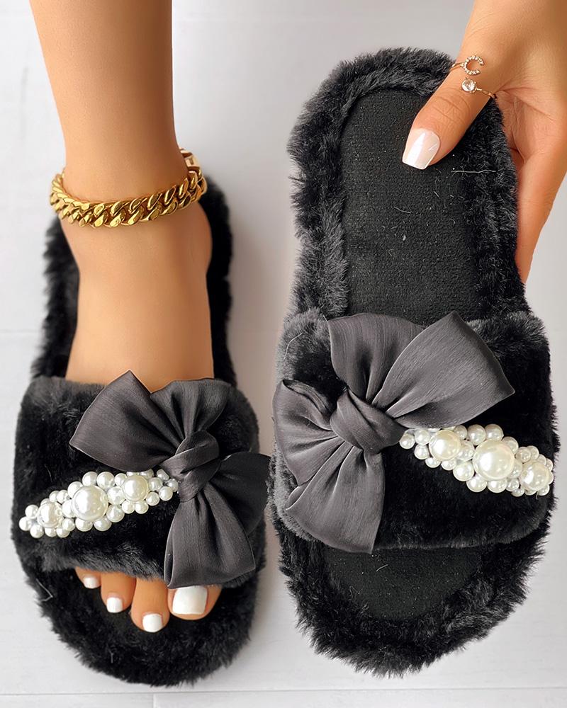 

Fuzzy Bowknot Pearls Decor Slippers, Black