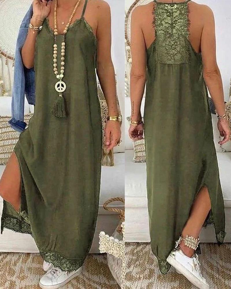 

Lace Trim Spaghetti Strap Maxi Dress, Olive green