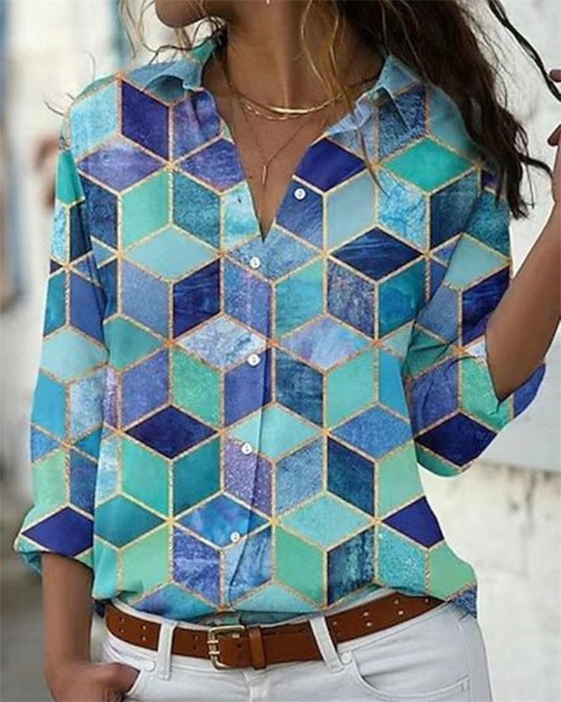 

Geometric Print Long Sleeve Button Down Shirt, Green